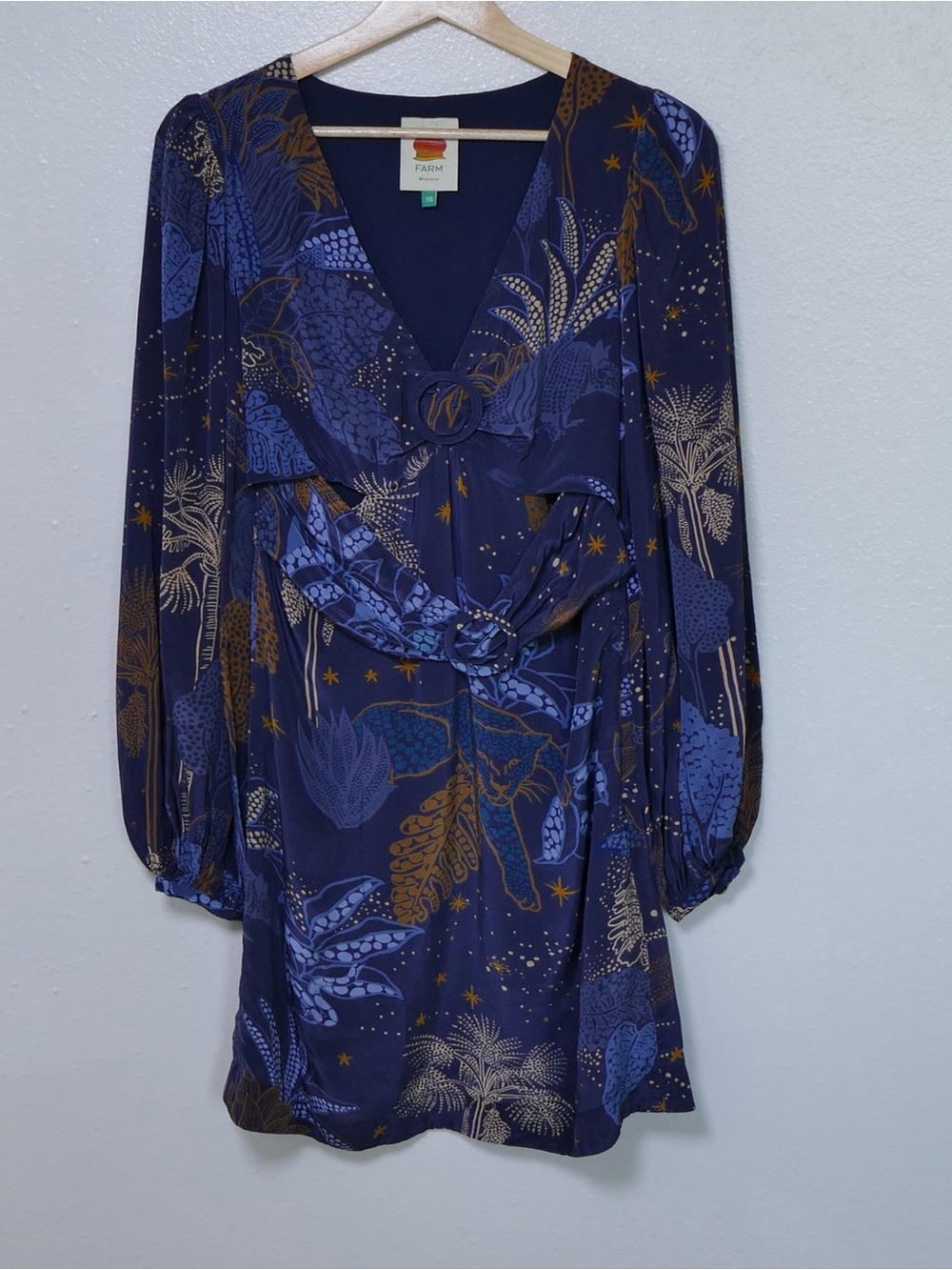 FARM Rio Night Jungle Mini Dress XS Blue  Belted Long Sleeve Side Zip Read